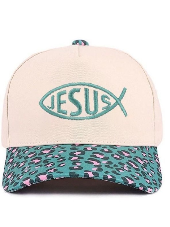 Accessories - JESUS Embroidered Trucker Hat with Teal & Pink Leopard Brim